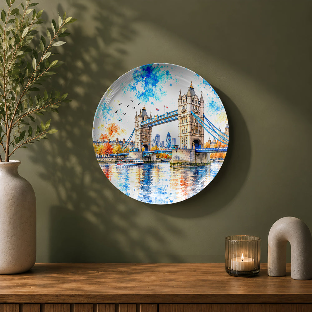 London-inspired ceramic wall plate featuring Tower Bridge, riverboats, and the city skyline.