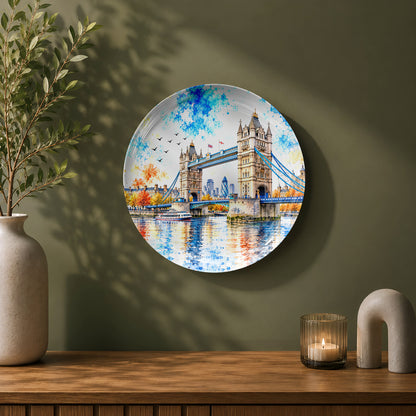 London-inspired ceramic wall plate featuring Tower Bridge, riverboats, and the city skyline.