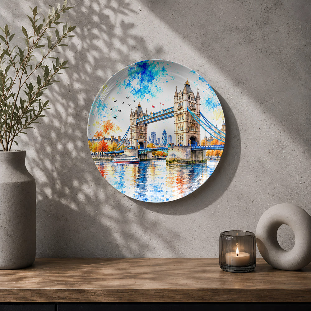 Decorative ceramic wall plate with artistic artwork of Tower Bridge and London's River Thames.
