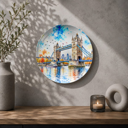 Decorative ceramic wall plate with artistic artwork of Tower Bridge and London's River Thames.