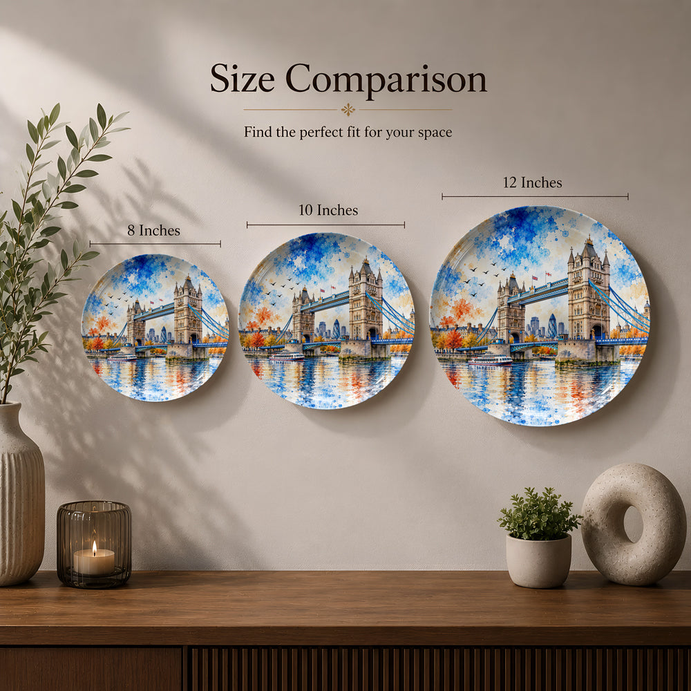 Tower Bridge Reflections ceramic wall plate inspired by the architectural beauty and riverside charm of London.
