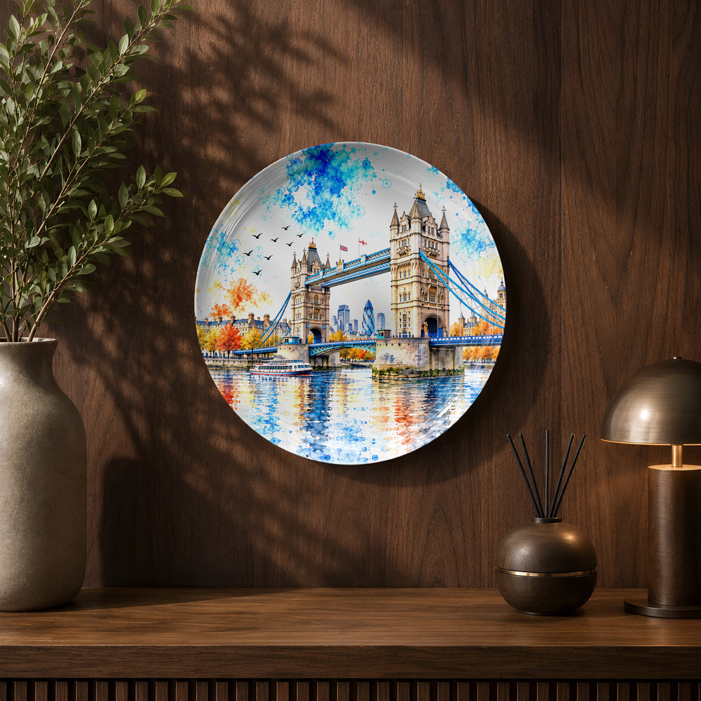Global Classics Tower Bridge Reflections ceramic wall plate celebrating London's iconic landmark.