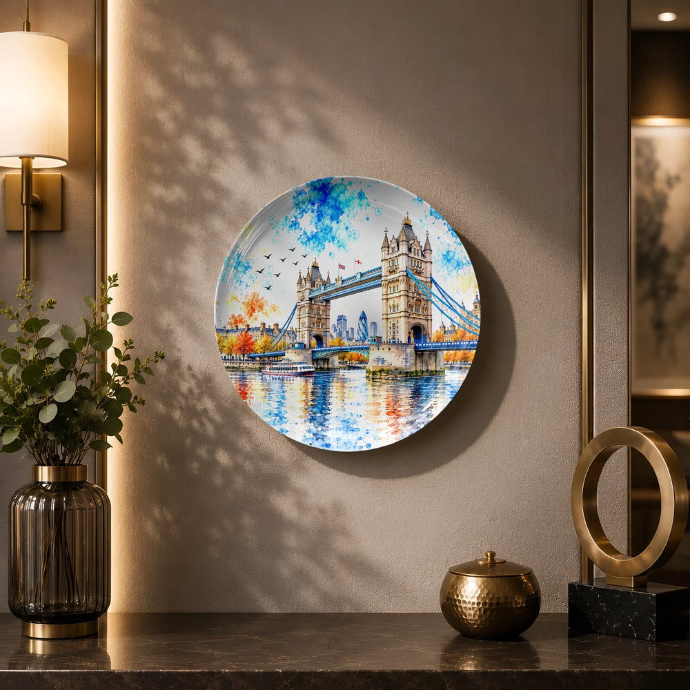 Glossy ceramic wall plate featuring Tower Bridge beneath a vibrant watercolor-inspired blue sky.