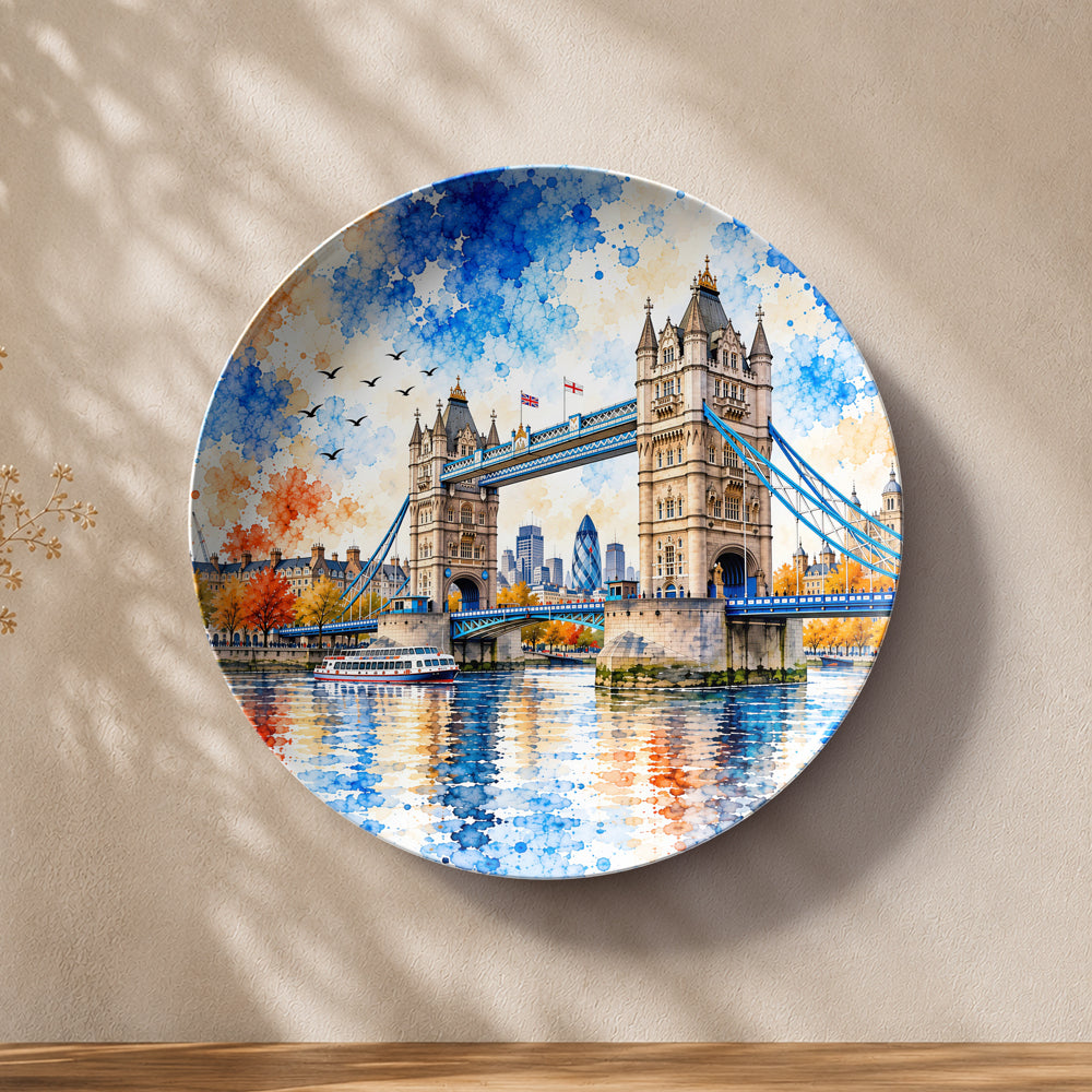 Tower Bridge Reflections ceramic wall plate featuring London's iconic Tower Bridge over the River Thames.