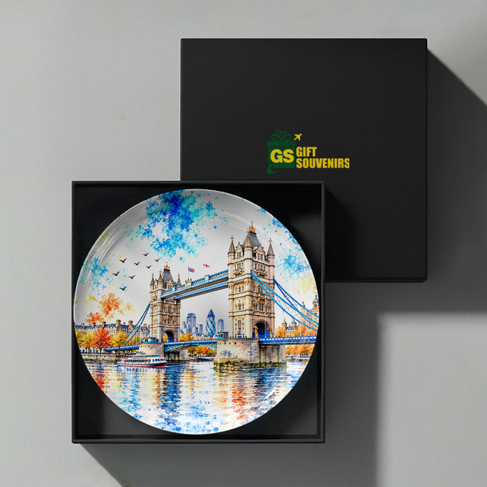 Historic London landmark artwork featuring Tower Bridge and river reflections printed on a premium ceramic wall plate.