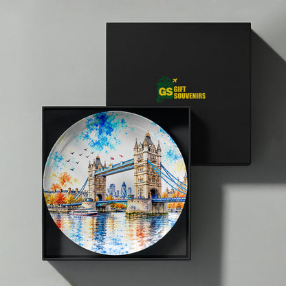 Historic London landmark artwork featuring Tower Bridge and river reflections printed on a premium ceramic wall plate.