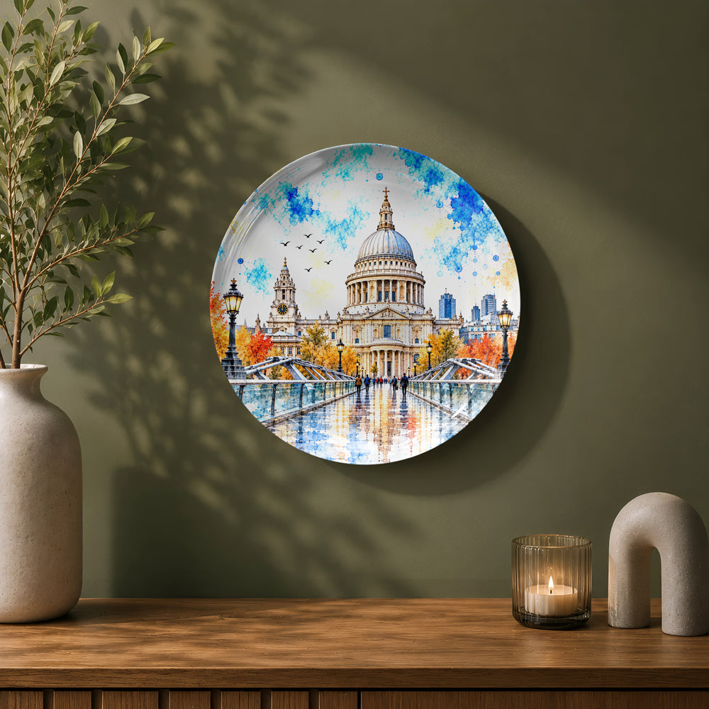 London-inspired ceramic wall plate featuring the iconic dome of St. Paul’s Cathedral viewed from Millennium Bridge.