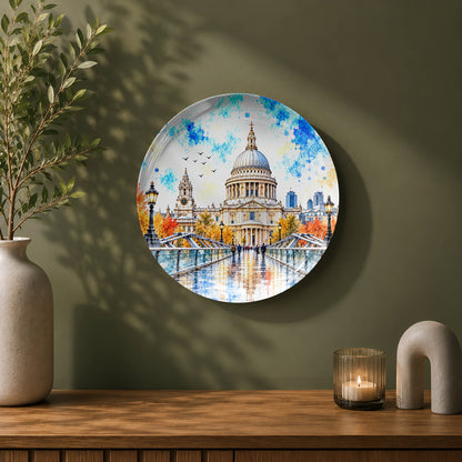 London-inspired ceramic wall plate featuring the iconic dome of St. Paul’s Cathedral viewed from Millennium Bridge.