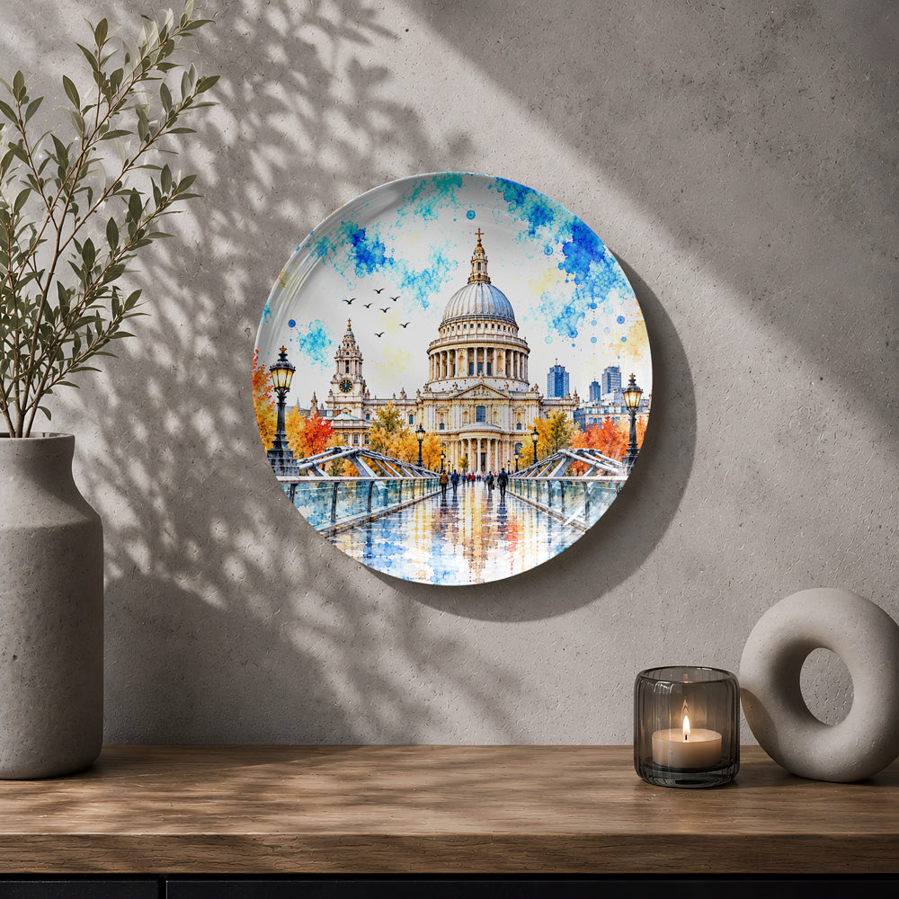 Decorative ceramic wall plate with artistic artwork of St. Paul’s Cathedral, Millennium Bridge, and London skyline.