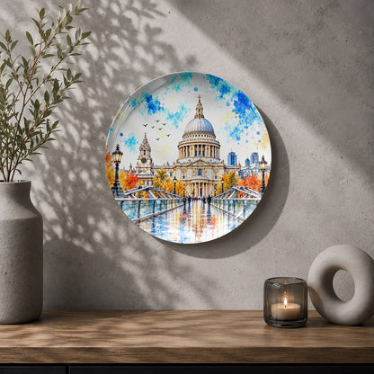 Decorative ceramic wall plate with artistic artwork of St. Paul’s Cathedral, Millennium Bridge, and London skyline.