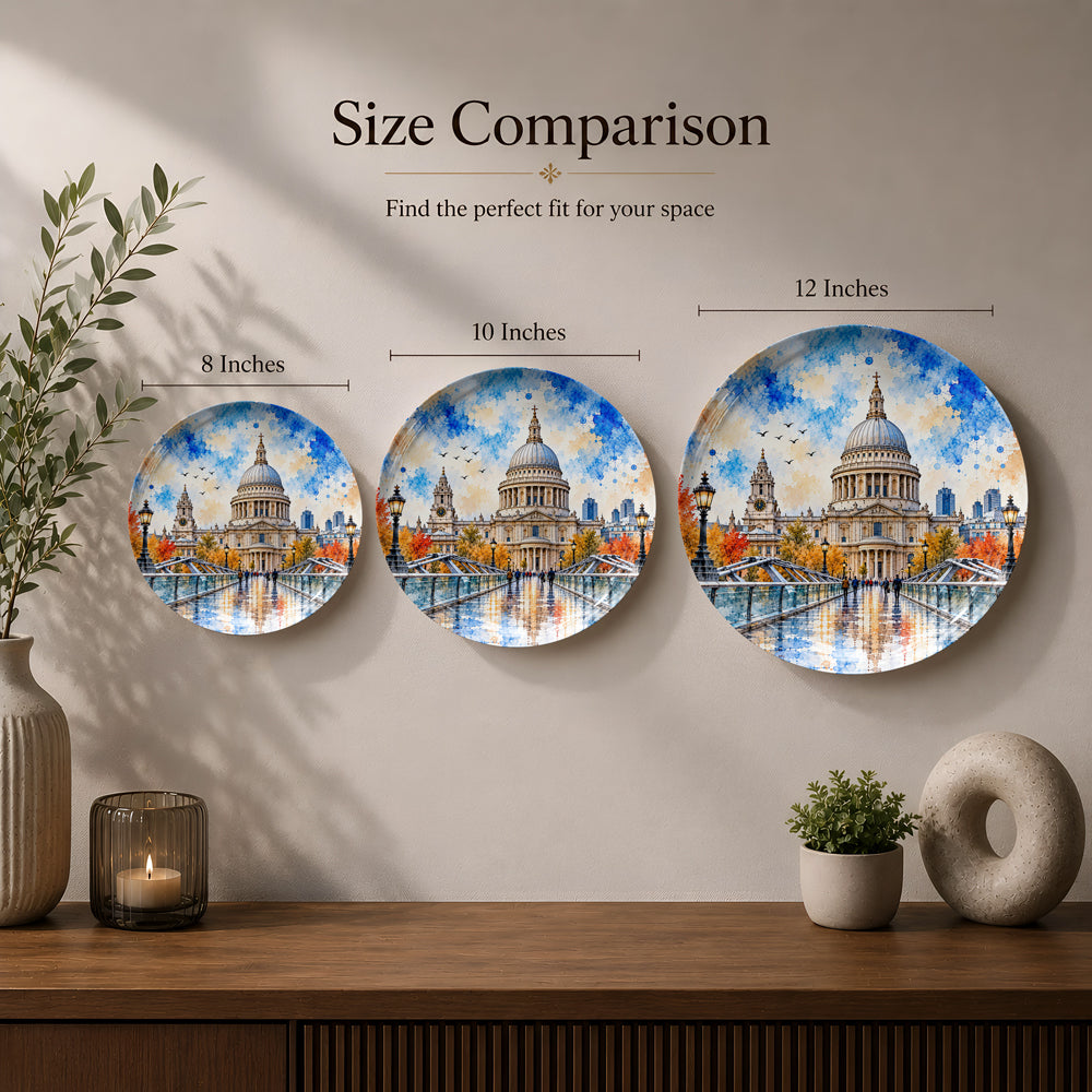 Historic London landmark artwork featuring St. Paul’s Cathedral and Millennium Bridge printed on a premium ceramic wall plate.