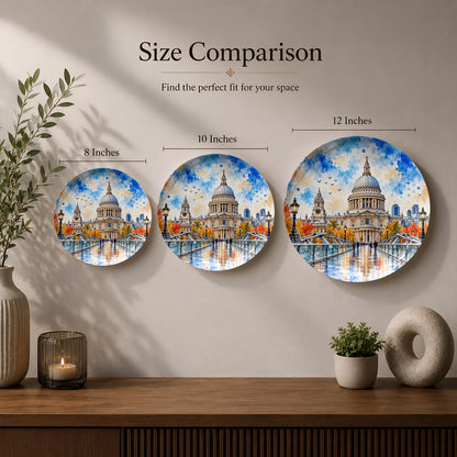 Historic London landmark artwork featuring St. Paul’s Cathedral and Millennium Bridge printed on a premium ceramic wall plate.
