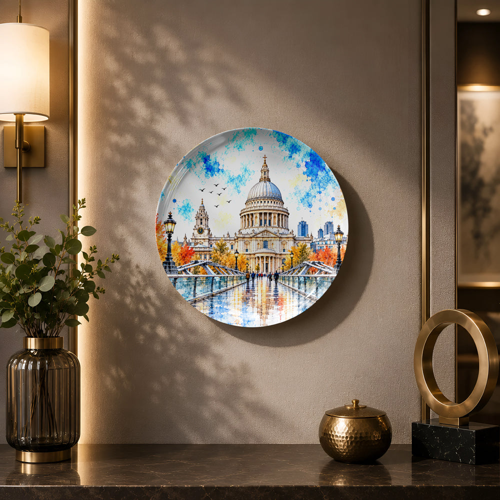 Glossy ceramic wall plate featuring St. Paul’s Cathedral beneath a vibrant blue watercolor-inspired sky.