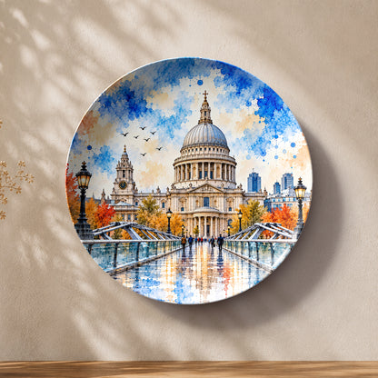 St. Paul’s Riverside Majesty ceramic wall plate featuring St. Paul’s Cathedral and Millennium Bridge in London.