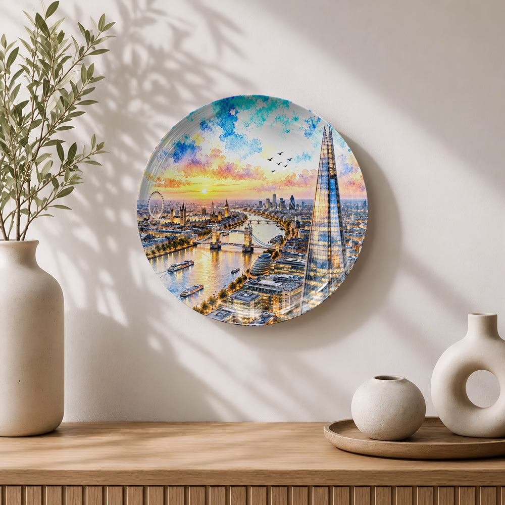 Premium ceramic wall plate showcasing The Shard, Tower Bridge, and London's cityscape at sunset.
