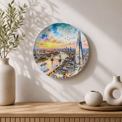 Premium ceramic wall plate showcasing The Shard, Tower Bridge, and London's cityscape at sunset.