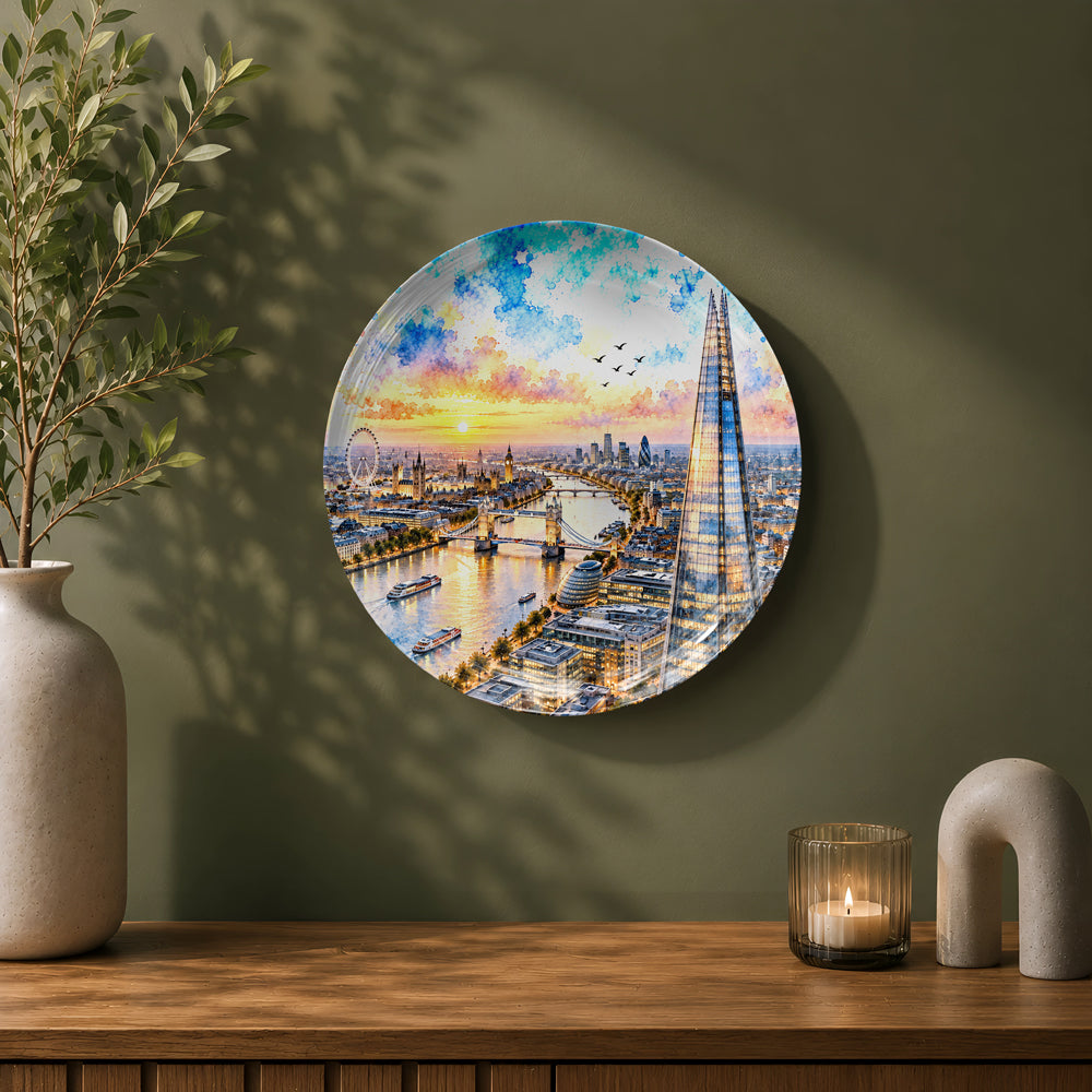 London skyline ceramic wall plate featuring The Shard overlooking the River Thames with warm sunset colours.