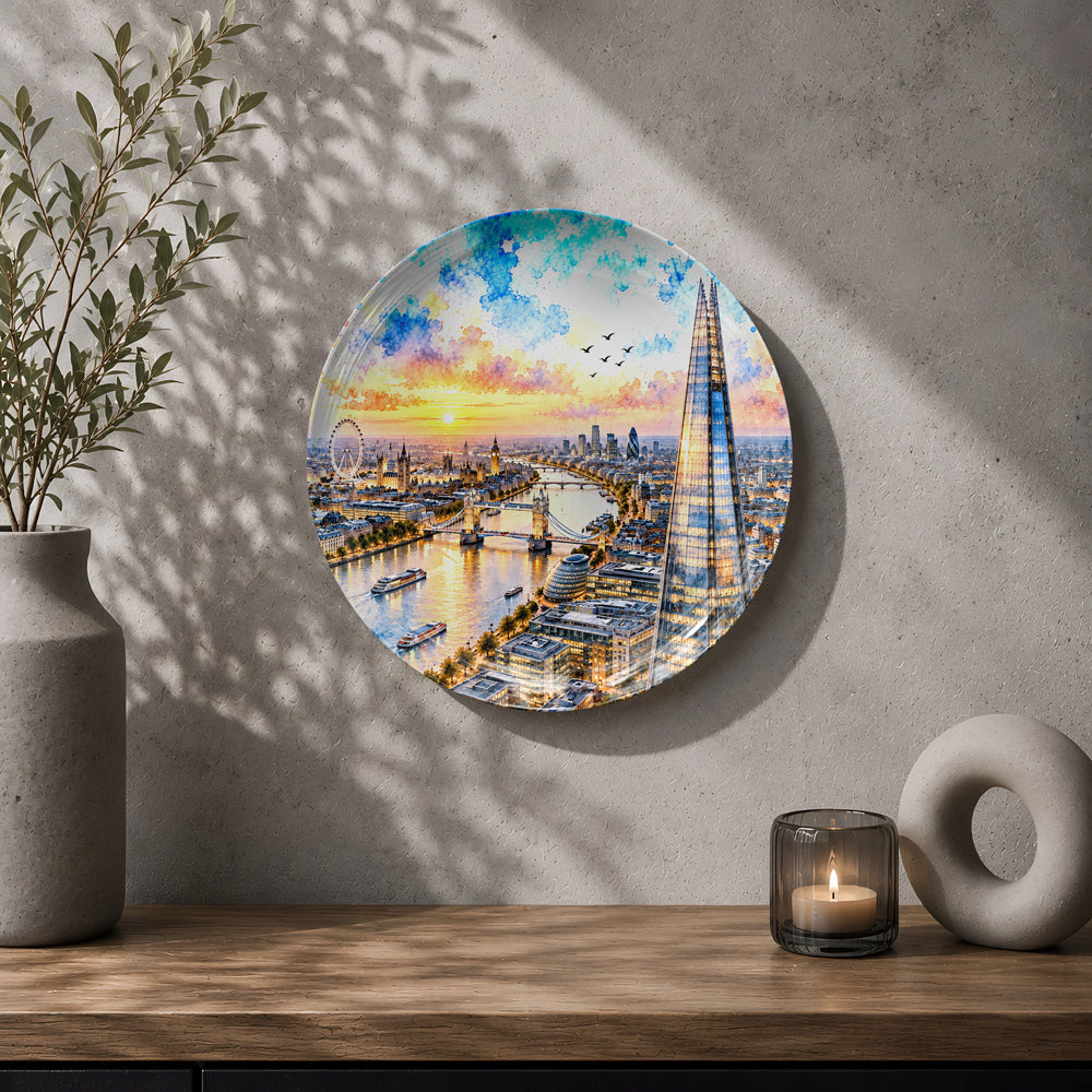 Decorative ceramic wall plate with artistic artwork of The Shard, Tower Bridge, and London riverside landmarks.