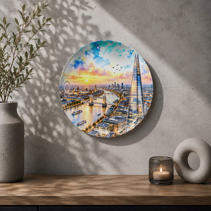 Decorative ceramic wall plate with artistic artwork of The Shard, Tower Bridge, and London riverside landmarks.