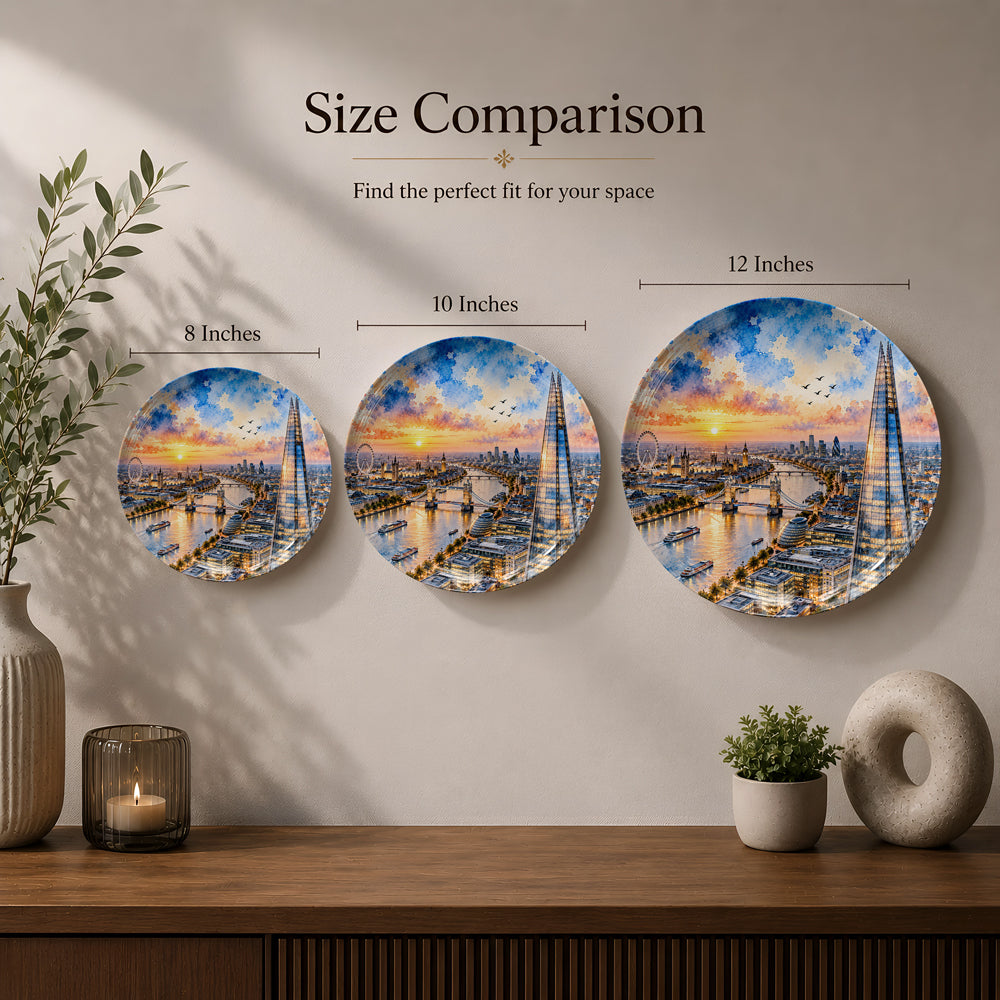 London landmark artwork featuring The Shard, Tower Bridge, and boats on the River Thames printed on a ceramic wall plate.