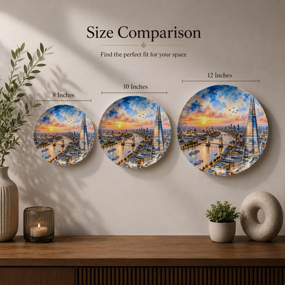 London landmark artwork featuring The Shard, Tower Bridge, and boats on the River Thames printed on a ceramic wall plate.