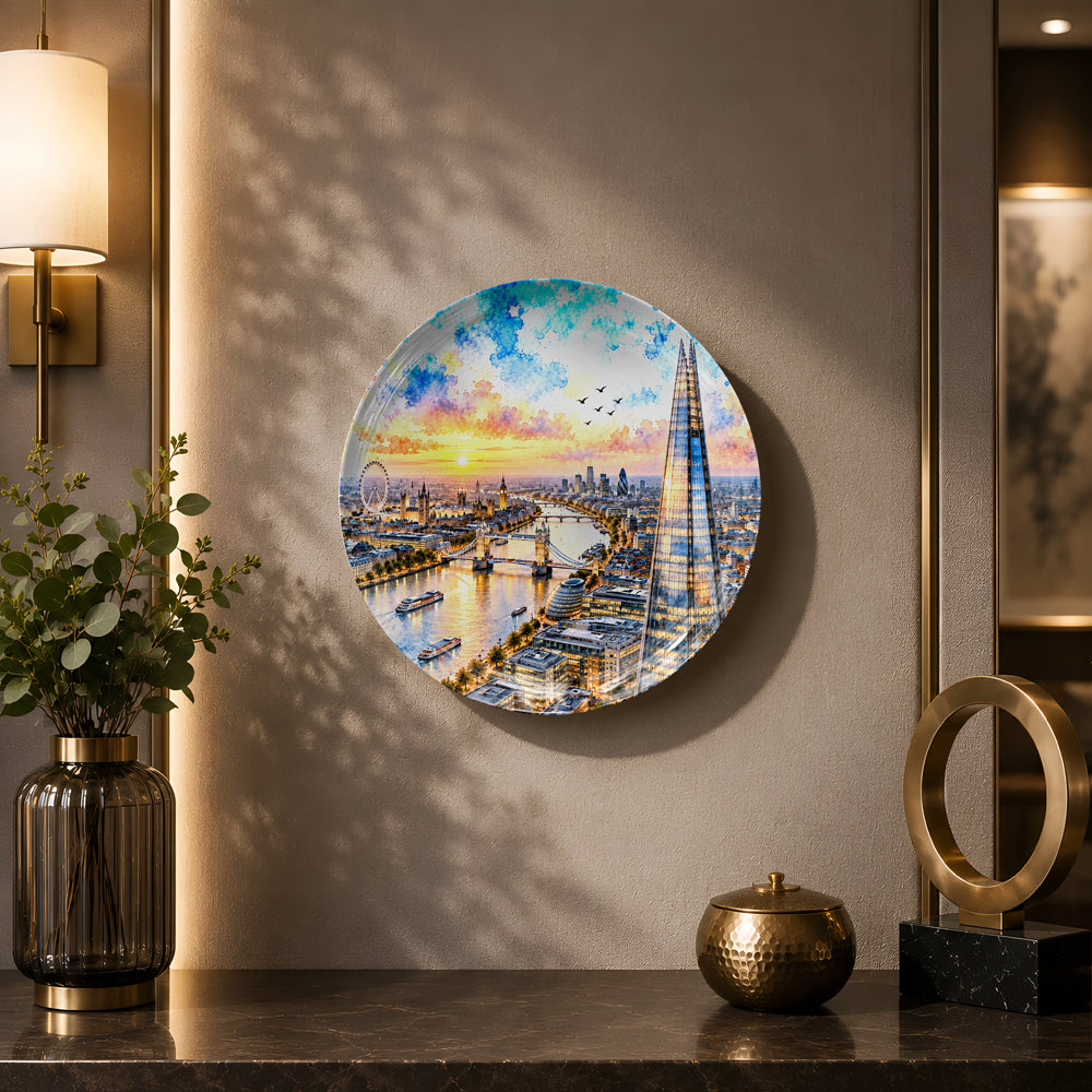 Glossy ceramic wall plate featuring The Shard and River Thames beneath a colourful watercolor-inspired sunset sky.