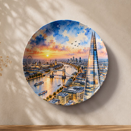 The Shard at Sunset ceramic wall plate featuring London's skyline and River Thames.