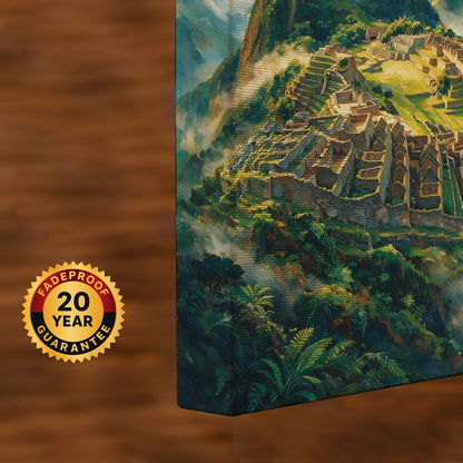 Travel-inspired canvas wall art depicting Machu Picchu among the majestic Andes mountains and clouds