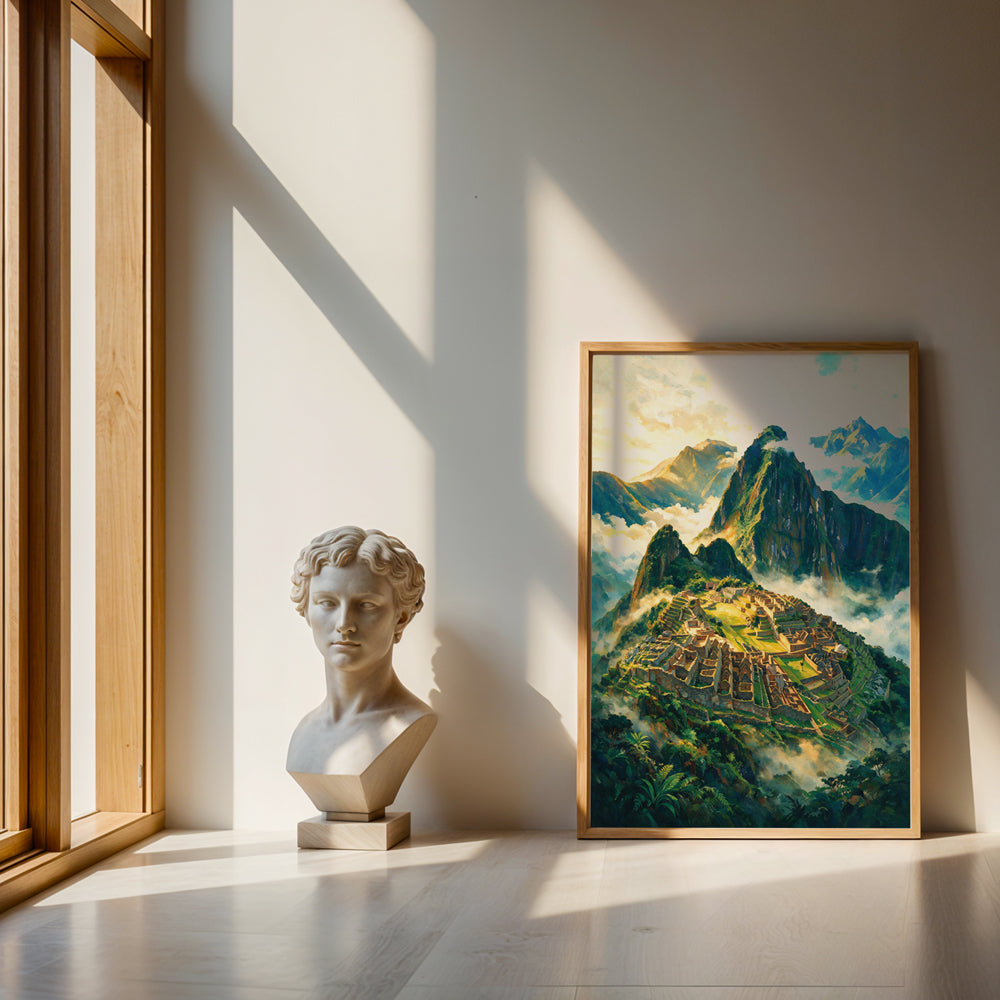 Andean mountain landscape canvas featuring Machu Picchu ruins surrounded by clouds and tropical greenery