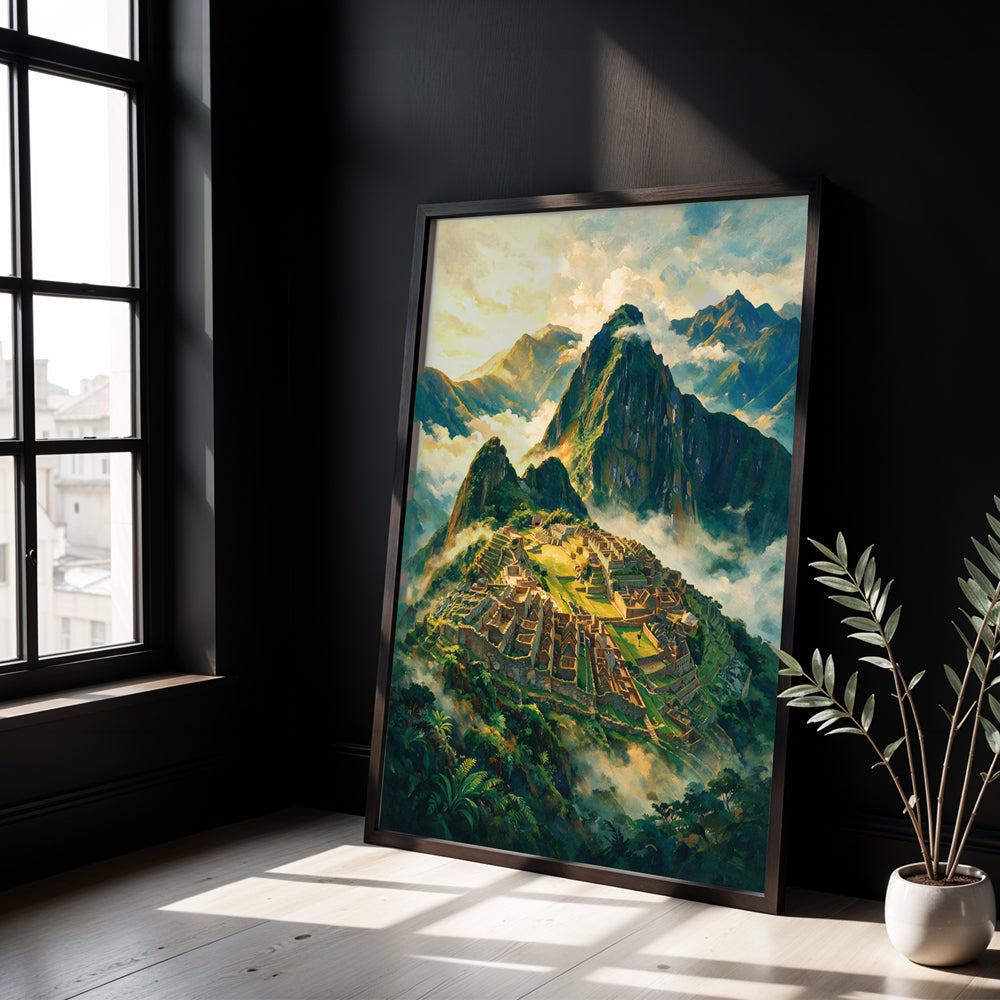 Museum Grade Canvas Wall Art of Machu Picchu with mountain peaks, stone terraces, and atmospheric clouds
