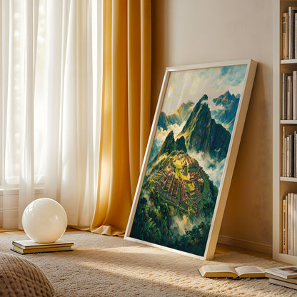 Dramatic Machu Picchu wall art with ancient ruins, lush green mountains, golden terraces, and blue sky