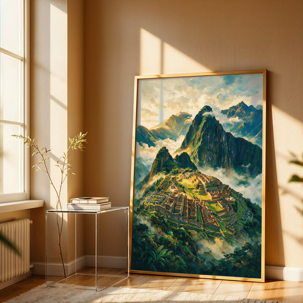 Machu Picchu canvas wall art featuring ancient ruins surrounded by dramatic green mountains and clouds