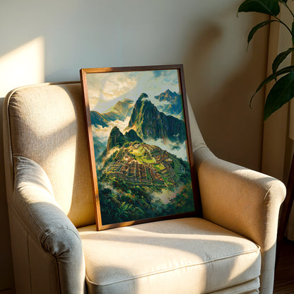 Machu Picchu ancient city canvas wall art with detailed stone structures, mountain peaks, and mist