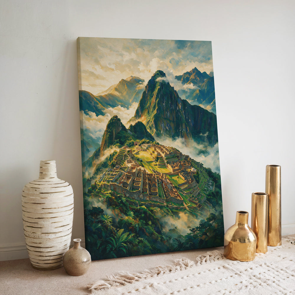Machu Picchu landscape artwork showing ancient stone terraces beneath towering Andean mountains