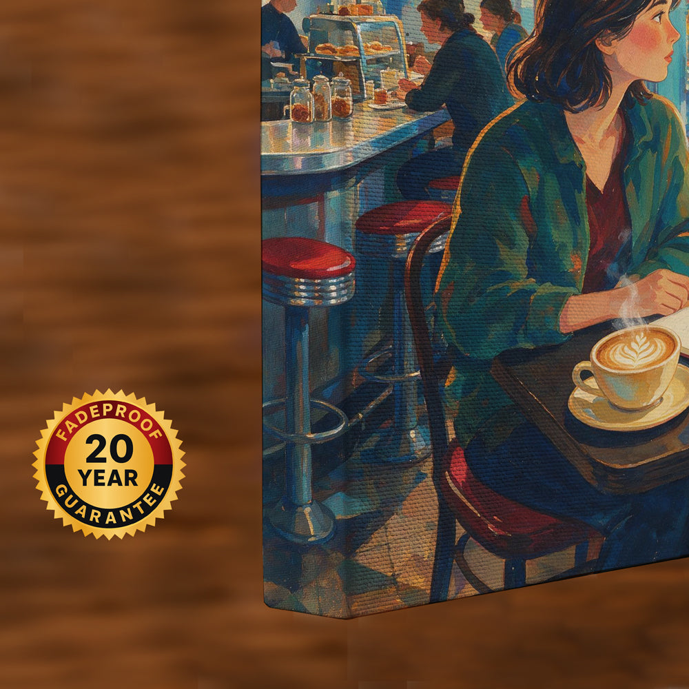 New York travel-inspired canvas wall art featuring a cozy café interior, coffee, rainy Manhattan streets, and city lights