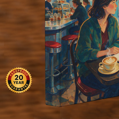 New York travel-inspired canvas wall art featuring a cozy café interior, coffee, rainy Manhattan streets, and city lights