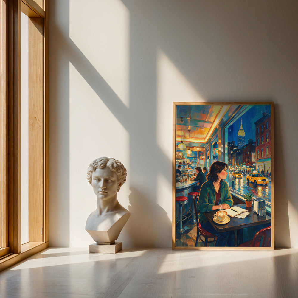 Cinematic New York City canvas artwork with a woman sitting in a café beside a window overlooking the nighttime streets