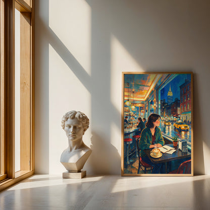Cinematic New York City canvas artwork with a woman sitting in a café beside a window overlooking the nighttime streets