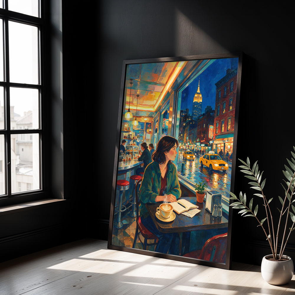 Museum Grade Canvas Wall Art depicting a cozy New York café overlooking a rain-soaked Manhattan street at night