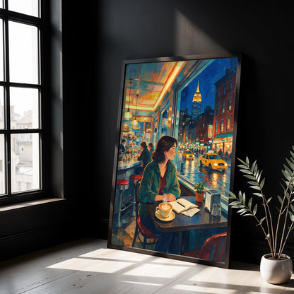 Museum Grade Canvas Wall Art depicting a cozy New York café overlooking a rain-soaked Manhattan street at night