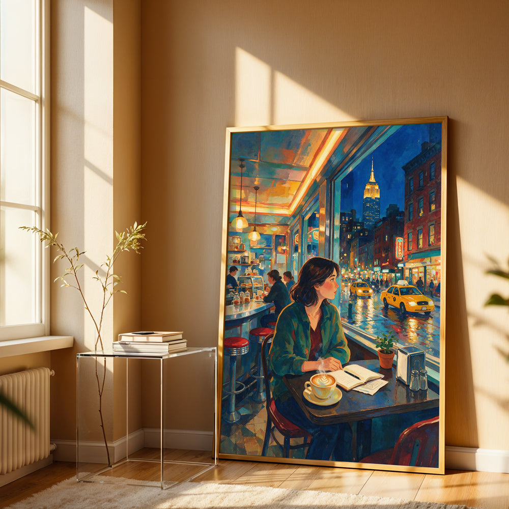New York City café canvas wall art featuring a woman reading by the window with yellow taxis and the Empire State Building