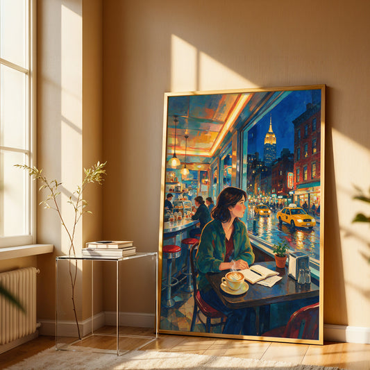 New York City café canvas wall art featuring a woman reading by the window with yellow taxis and the Empire State Building