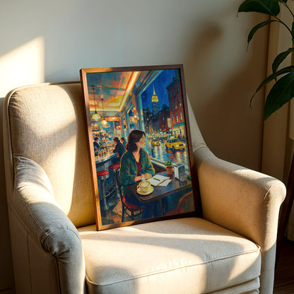 Urban café canvas wall art showing New York at night with glowing storefronts, yellow taxis, wet streets, and skyscrapers