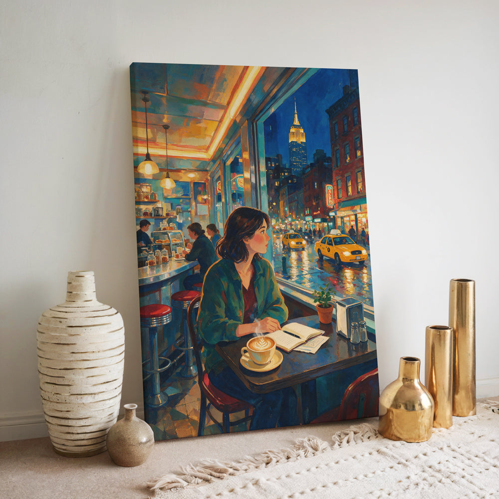 New York evening artwork showing a woman with coffee and a book inside a café overlooking illuminated city streets