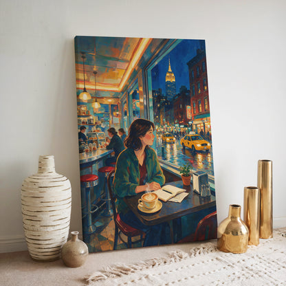 New York evening artwork showing a woman with coffee and a book inside a café overlooking illuminated city streets