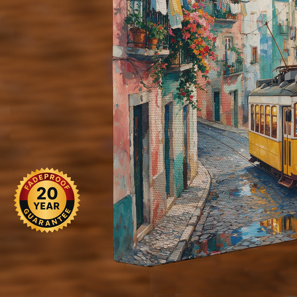 Vibrant Lisbon canvas artwork featuring a golden yellow tram, blue azulejo tiles, historic buildings, and Mediterranean sky