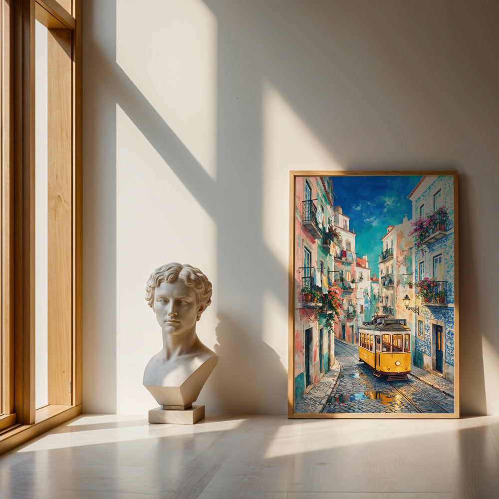 Lisbon travel-inspired canvas wall art showing a traditional yellow tram, Portuguese architecture, tiled walls, and cobblestones