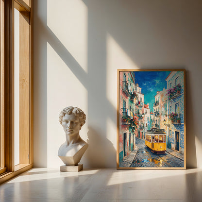 Lisbon travel-inspired canvas wall art showing a traditional yellow tram, Portuguese architecture, tiled walls, and cobblestones