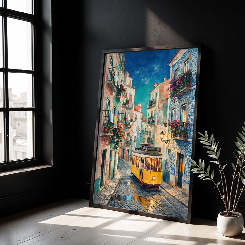 Museum Grade Canvas Wall Art depicting a classic yellow Lisbon tram winding through a vibrant Portuguese street