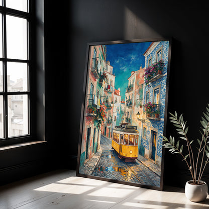 Museum Grade Canvas Wall Art depicting a classic yellow Lisbon tram winding through a vibrant Portuguese street